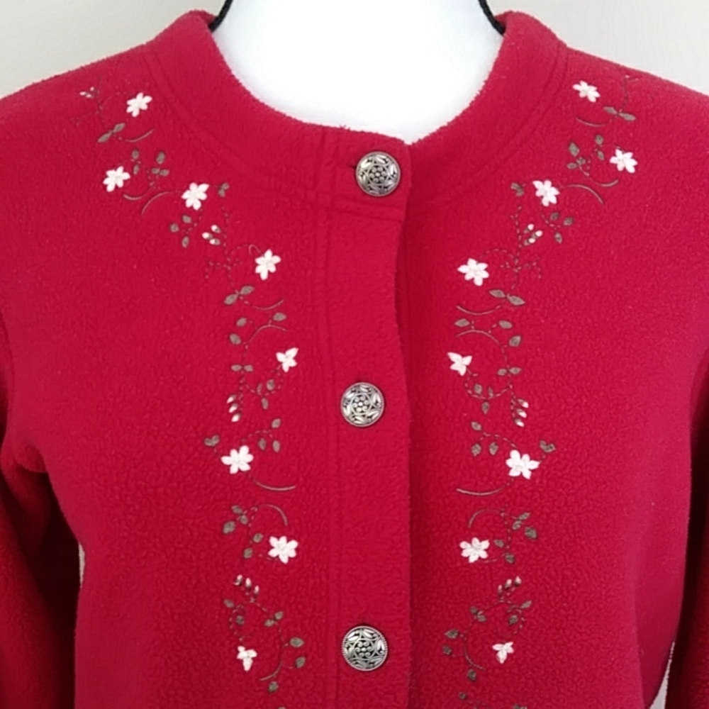L.L. Bean Fleece Floral Button Up Embroidered Cardigan Sweater XS Regular Red - Picture 4 of 16